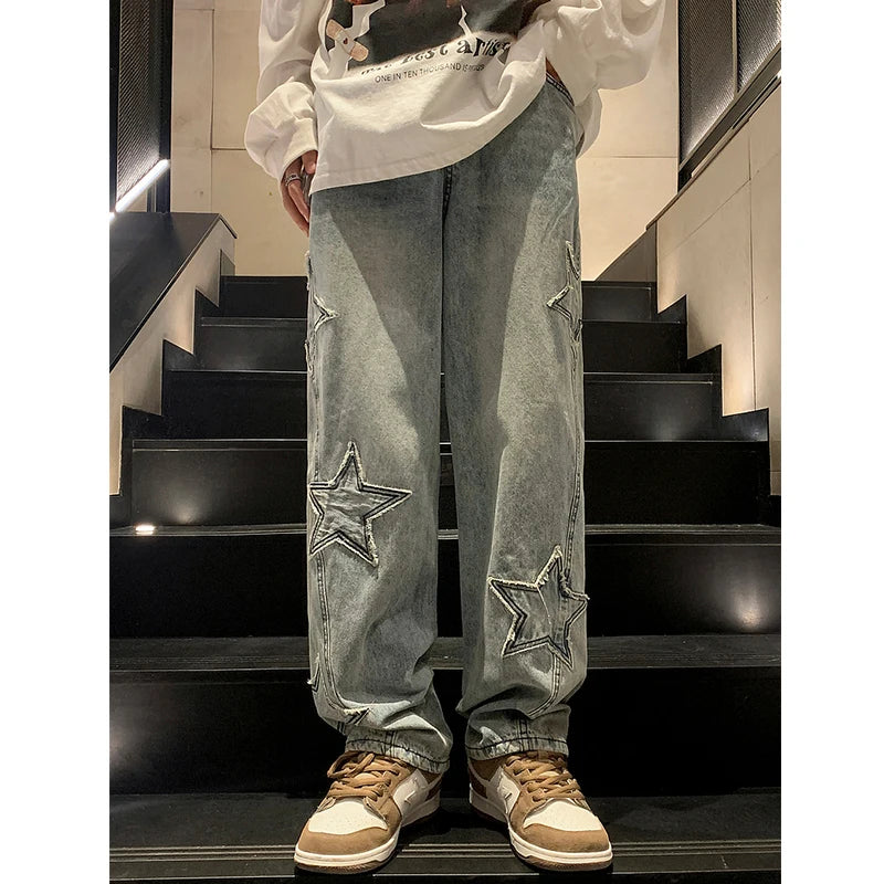 Star Embroidery Straight Casual Men’s Jeans – Hip-Hop Streetwear Denim