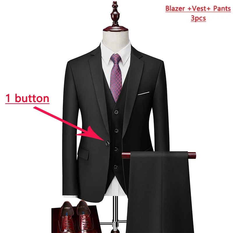 Men’s 3-Piece Slim Fit Formal Suit – Wedding Groom Tuxedo with Jacket, Vest & Pants – Business Dress Suit for Office & Events