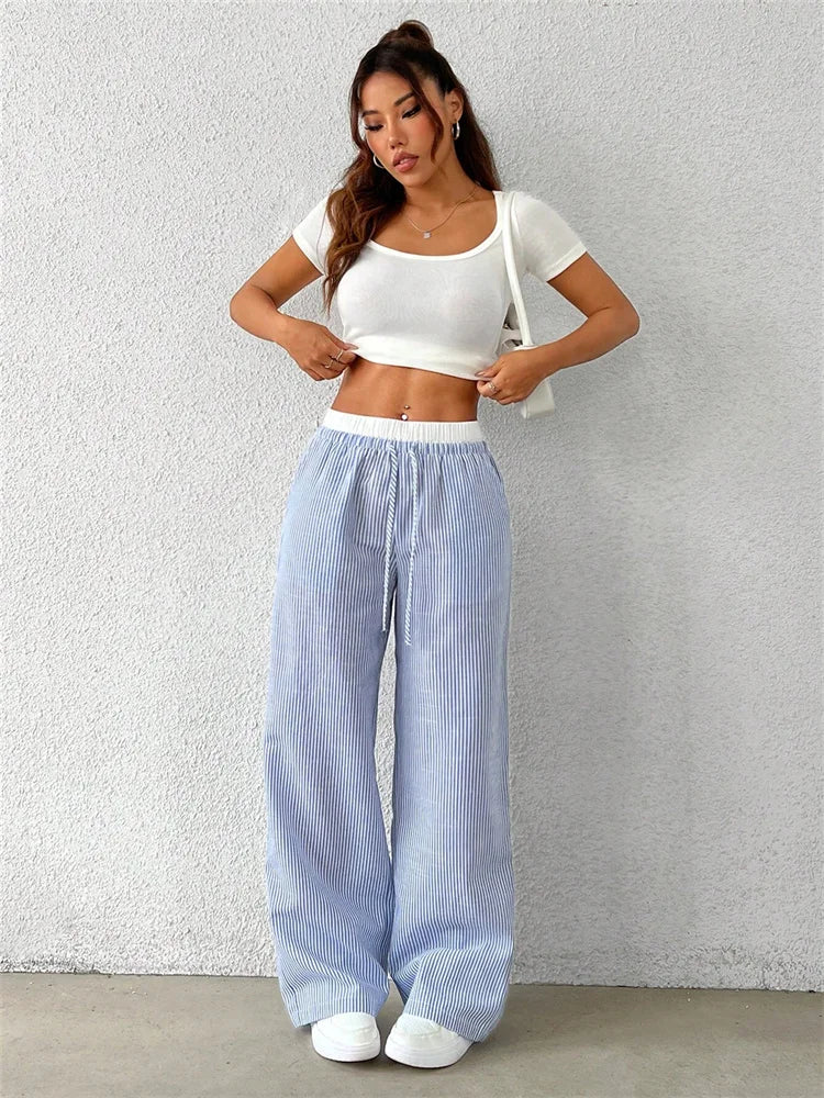 Women's Casual Striped Woven Wide Leg Pants