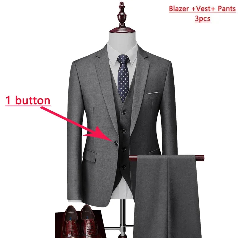 Men’s 3-Piece Slim Fit Formal Suit – Wedding Groom Tuxedo with Jacket, Vest & Pants – Business Dress Suit for Office & Events