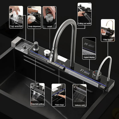 Premium Digital Stainless Steel Waterfall Kitchen Sink