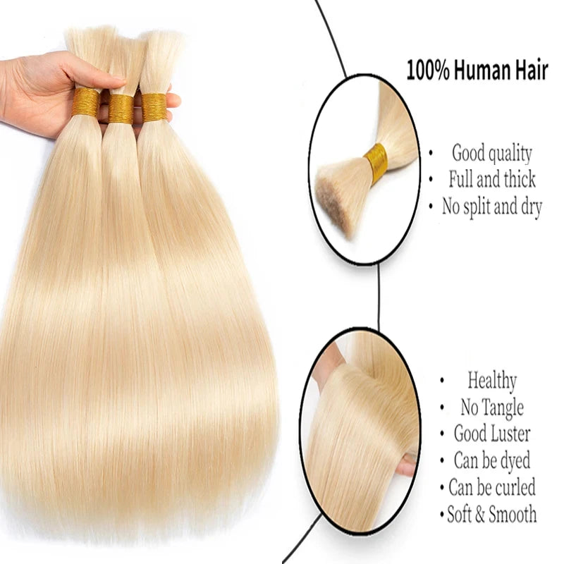 100% Human Hair Extensions Blonde ~613 Straight Hair Bulk For Braiding ~No Weft