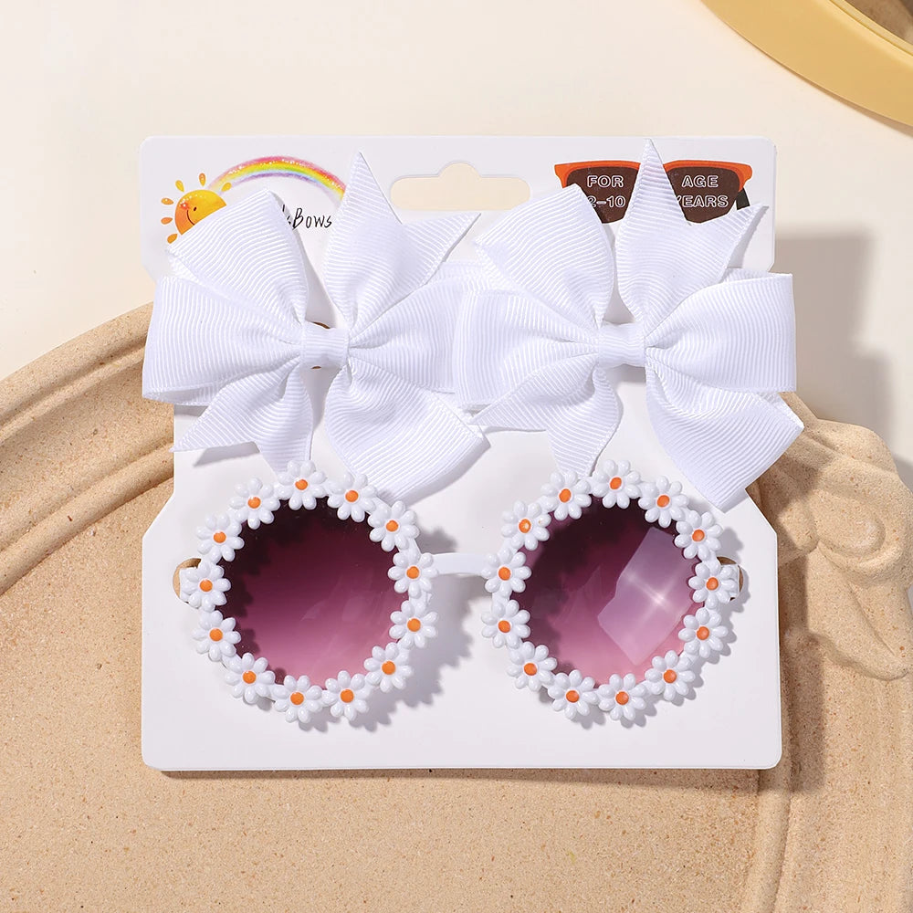 3-Piece Cheer Bow Hair Clip & Retro Flower Sunglasses Set – Handmade Cute Kids Accessories
