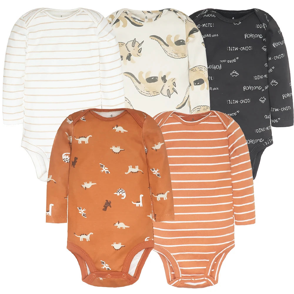 Soft Cotton Baby Bodysuits Set – 3 to 5 PCS Long Sleeve Infant Romper for Boys & Girls - Cute Cartoon Jumpsuit for All Seasons