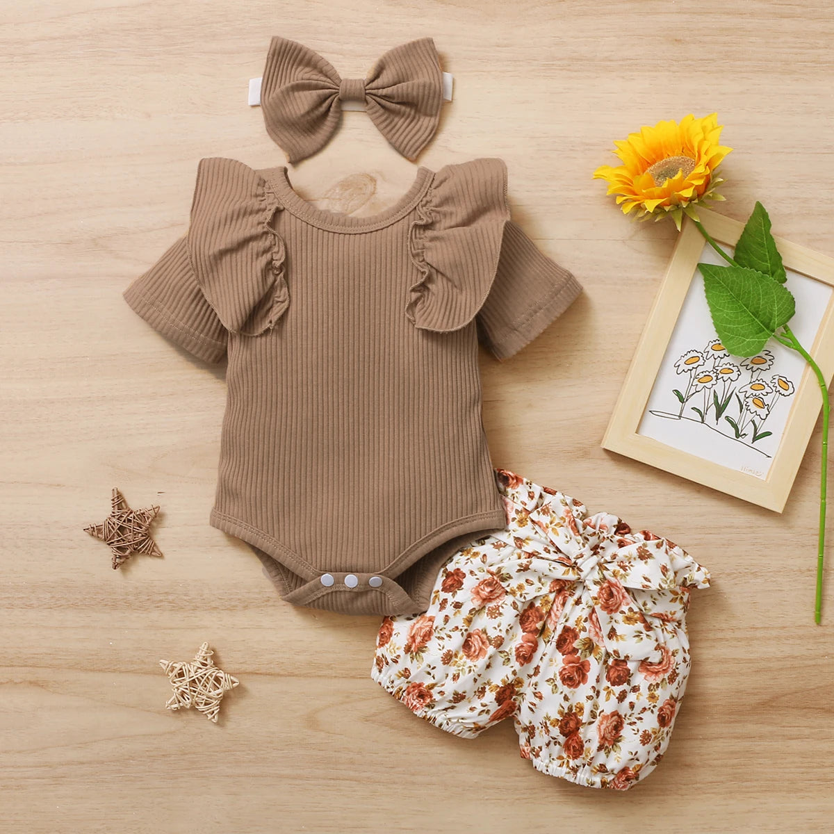 Adorable Baby Girl Summer Outfit Set – Floral Print Ruffle Top with Matching Headband & Shoes | Sizes 3M–24M