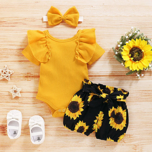 Adorable Baby Girl Summer Outfit Set – Floral Print Ruffle Top with Matching Headband & Shoes | Sizes 3M–24M