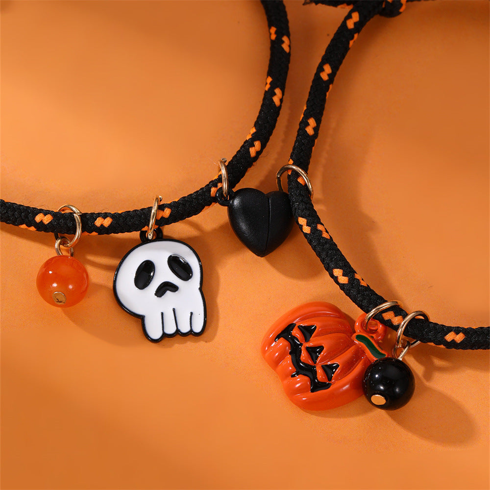 Halloween Bracelet Set – Pumpkin & Skull Magnetic Couple Rope Bracelets